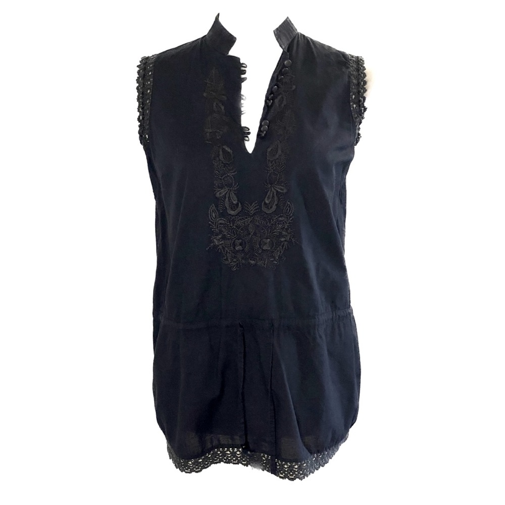 Black Embroidered Peasant Top With Gather Waist - Size S